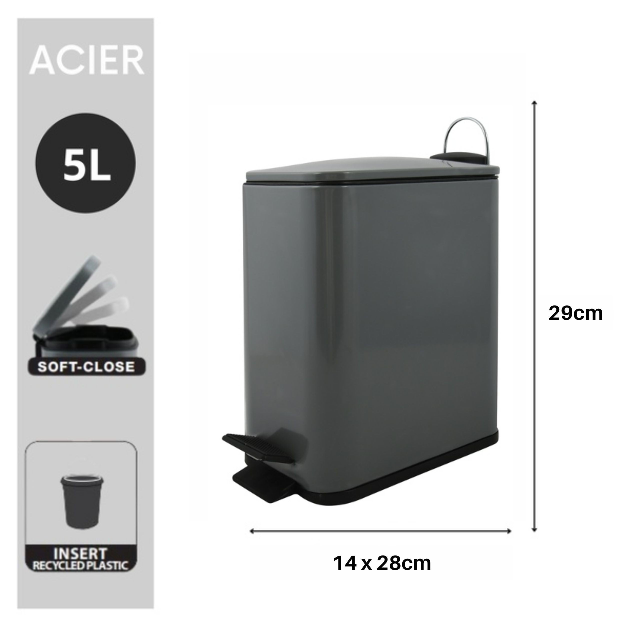 Spirella ERIK 5L Matt Gray Stainless Steel Soft-Close Pedal Bin